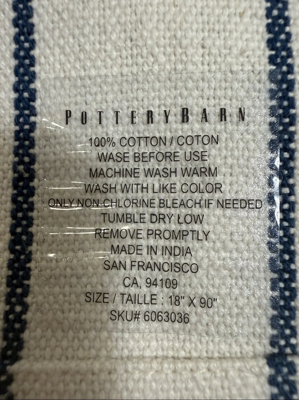 Pottery Barn Jackson Stripe Cotton Table Runner 18 x 90 Ivory Navy Blue Fringe